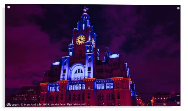 Liverpool's iconic Royal Liver Building at night, illuminated in vibrant purple light against a dark sky. Acrylic by Man And Life