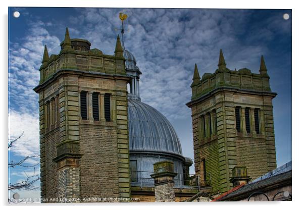 Dramatic sky over twin stone towers with a metallic dome, showcasing architectural details and moody ambiance in Harrogate, England. Acrylic by Man And Life