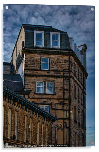 Vintage building corner against a dramatic cloudy sky in Harrogate, England. Acrylic by Man And Life