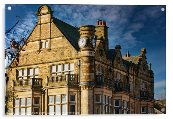 Historic stone building with clock tower under blue sky in Harrogate, England. Acrylic by Man And Life