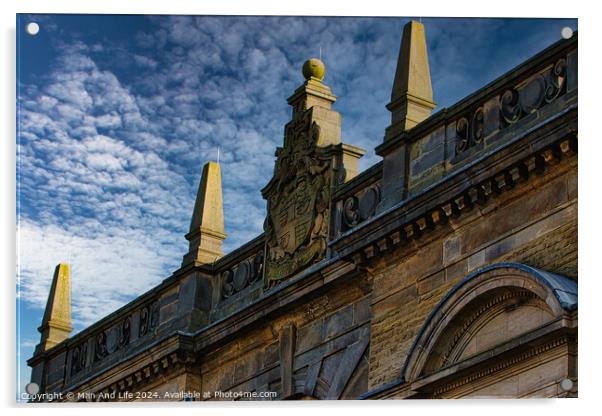 Historic building facade with ornate sculptures against a blue sky with clouds in Harrogate, England. Acrylic by Man And Life