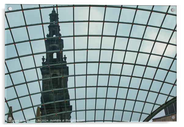 Historic tower viewed through a modern glass dome, contrasting architectural styles in Leeds, UK. Acrylic by Man And Life