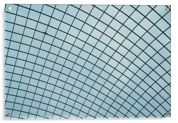 Abstract geometric pattern of a glass ceiling against a clear blue sky. Acrylic by Man And Life