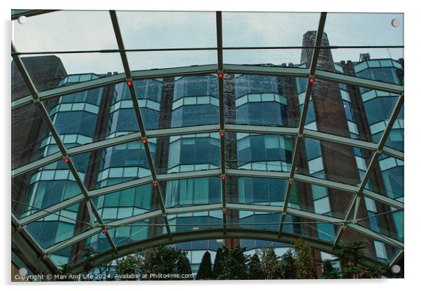 Modern glass building facade viewed through a transparent arched ceiling, showcasing urban architecture in Leeds, UK. Acrylic by Man And Life