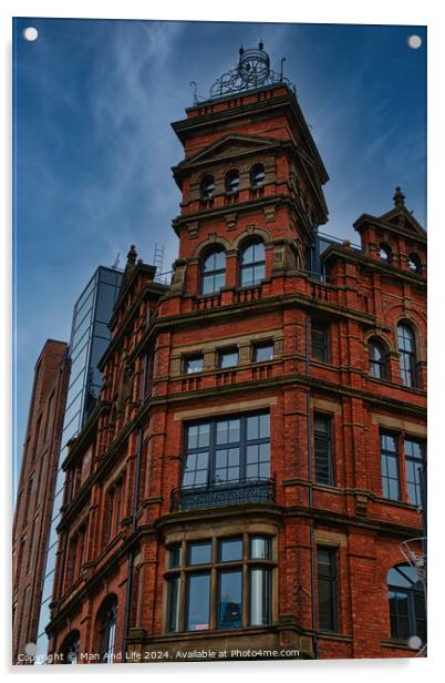 Victorian red brick building with ornate architecture against a dramatic cloudy sky, showcasing a contrast of historical and modern urban design in Leeds, UK. Acrylic by Man And Life