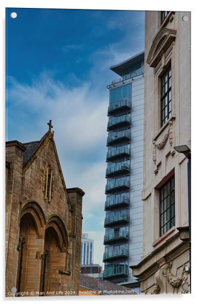 Contrast of old and new architecture with a historic church in the foreground and a modern skyscraper in the background against a blue sky in Leeds, UK. Acrylic by Man And Life