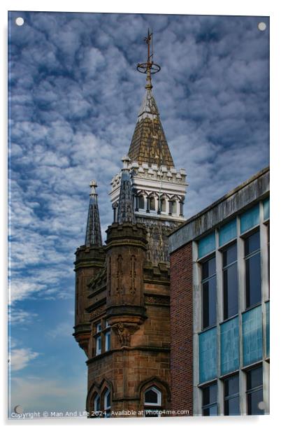 Historic tower with spire against a dramatic cloudy sky, juxtaposed with modern building facade in Leeds, UK. Acrylic by Man And Life