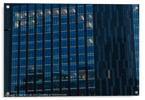 Modern office building facade with reflective glass windows at dusk in Leeds, UK. Acrylic by Man And Life