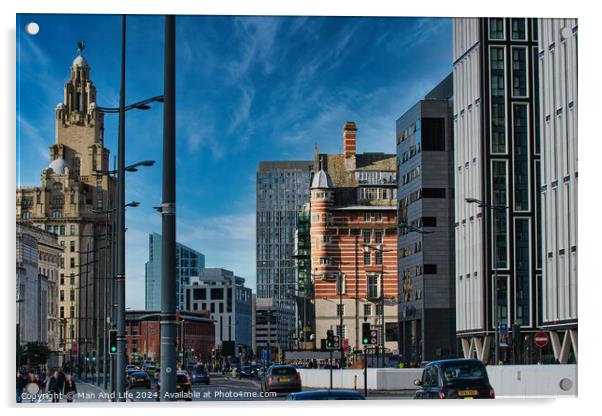 Urban cityscape with modern and historic architecture under a clear blue sky in Liverpool, UK. Acrylic by Man And Life