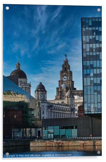 Contrast of old and new architecture with historic buildings and modern glass skyscraper against a blue sky with wispy clouds in Liverpool, UK. Acrylic by Man And Life