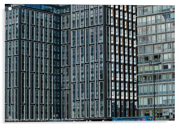 Modern glass skyscrapers with a pattern of windows, reflecting urban architecture in Liverpool, UK. Acrylic by Man And Life