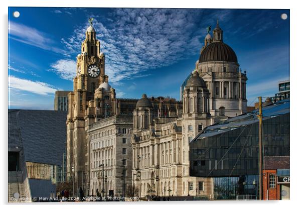 Liverpool's iconic waterfront buildings under a blue sky with wispy clouds. Acrylic by Man And Life
