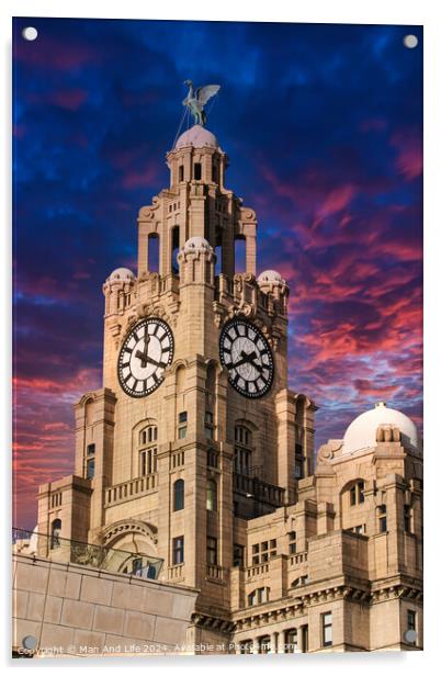 Liverpool's iconic Royal Liver Building at dusk with dramatic pink and blue sky Acrylic by Man And Life