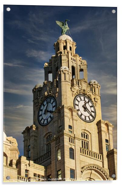 Historic clock tower against a blue sky with clouds, architectural detail, and a statue on top in Liverpool, UK. Acrylic by Man And Life