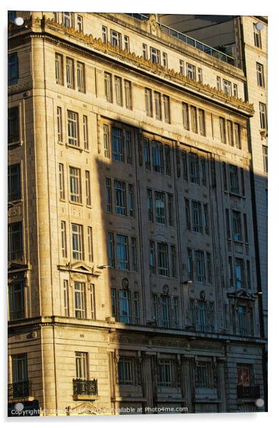 Sunlight casting shadows on a classic urban building facade during golden hour, highlighting architectural details in Liverpool, UK. Acrylic by Man And Life