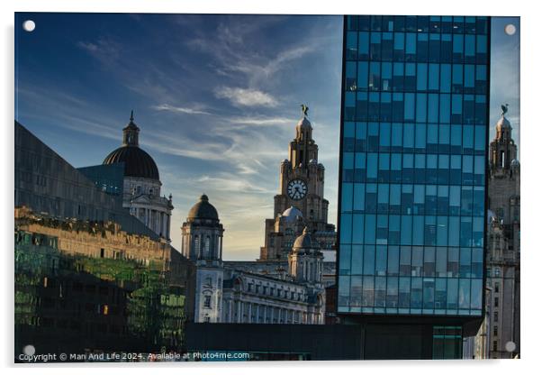Contrast of old and new architecture with historic domes beside a modern glass skyscraper against a dusk sky in Liverpool, UK. Acrylic by Man And Life