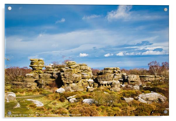 Picturesque rocky landscape with unique rock formations under a blue sky with fluffy clouds at Brimham Rocks, in North Yorkshire Acrylic by Man And Life