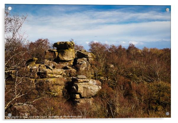 Rocky landscape with boulders and sparse vegetation under a cloudy sky at Brimham Rocks, in North Yorkshire Acrylic by Man And Life