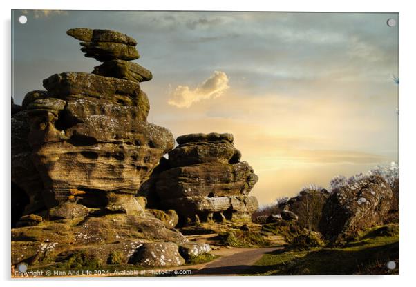 Scenic view of unique rock formations under a golden sunset sky with lush greenery in the foreground at Brimham Rocks, in North Yorkshire Acrylic by Man And Life