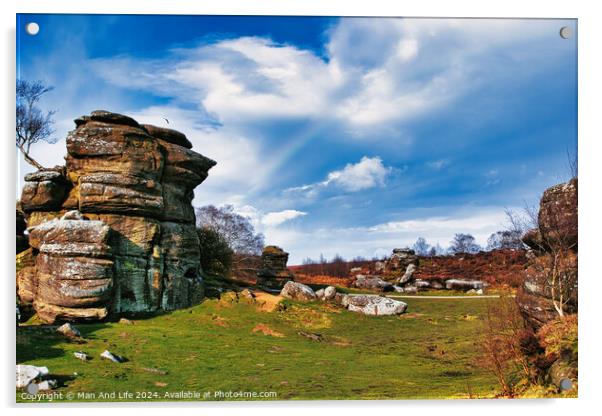 Scenic view of rock formations and lush greenery under a blue sky with wispy clouds at Brimham Rocks, in North Yorkshire Acrylic by Man And Life