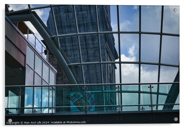 Modern glass building facade with reflections of clouds, showcasing contemporary architecture and design in Leeds, UK. Acrylic by Man And Life