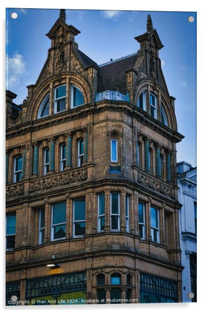Victorian architecture with ornate details on a historic building's facade against a blue sky in Leeds, UK. Acrylic by Man And Life