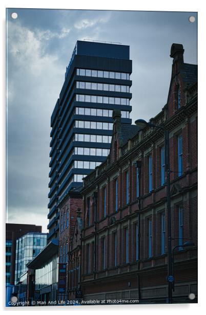 Contrast of old and new architecture with a modern skyscraper towering behind a classic brick building under a cloudy sky in Leeds, UK. Acrylic by Man And Life