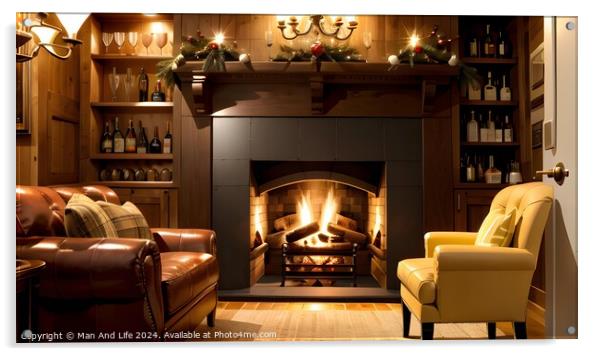 Cozy living room with a lit fireplace, leather sofas, and a wooden bookshelf filled with books and wine bottles. Acrylic by Man And Life