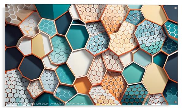 Abstract geometric background of hexagonal tiles in shades of blue, beige, and white with varying patterns and textures. Ideal for modern design concepts. Acrylic by Man And Life
