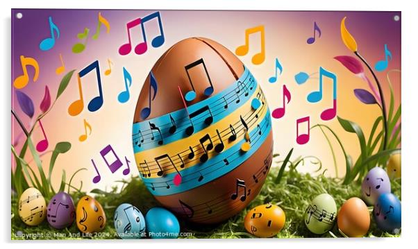 Colorful Easter eggs with musical notes and clefs on a whimsical background, symbolizing a festive celebration of Easter with music and joy. Acrylic by Man And Life