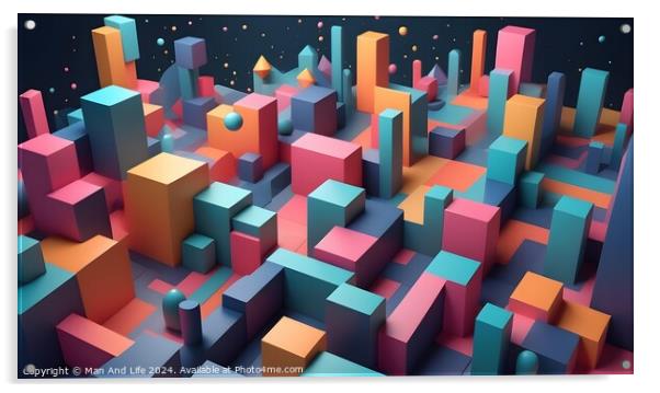 Abstract 3D render of colorful geometric shapes on a dark background, depicting a vibrant cityscape or graph visualization. Acrylic by Man And Life