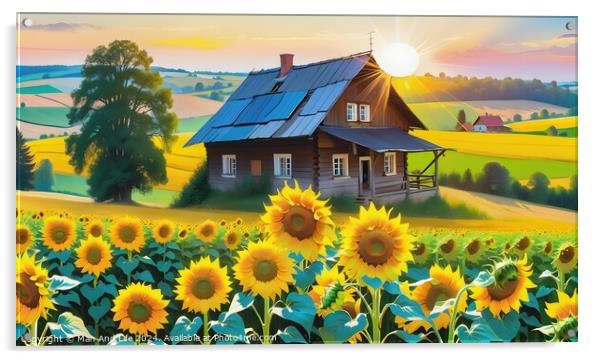 Idyllic rural scene with a wooden cottage amidst vibrant sunflower fields at sunset. Acrylic by Man And Life
