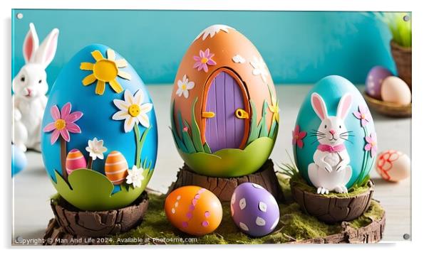 Colorful hand-painted Easter eggs with floral and bunny designs displayed on wooden stands. Acrylic by Man And Life