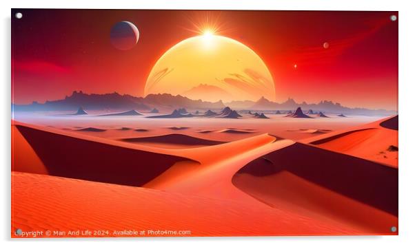 Surreal alien landscape with red sand dunes under a large sun with two moons in the sky, depicting a science fiction or fantasy scene on an extraterrestrial planet. Acrylic by Man And Life