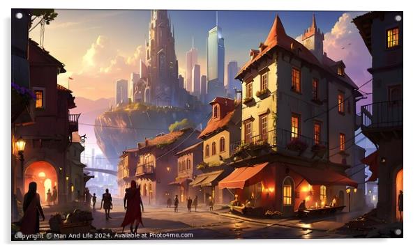 Fantasy cityscape with a bustling street, traditional houses, and futuristic skyscrapers in the background at sunset. Acrylic by Man And Life