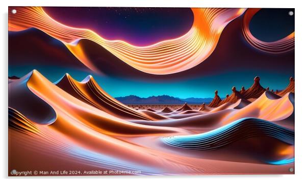 Abstract digital landscape with flowing shapes and neon colors against a starry sky. Acrylic by Man And Life
