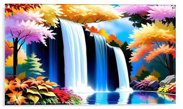 Vibrant digital artwork of a majestic waterfall with a cascade of blue water, surrounded by colorful autumn trees and foliage reflecting in a serene pond. Acrylic by Man And Life
