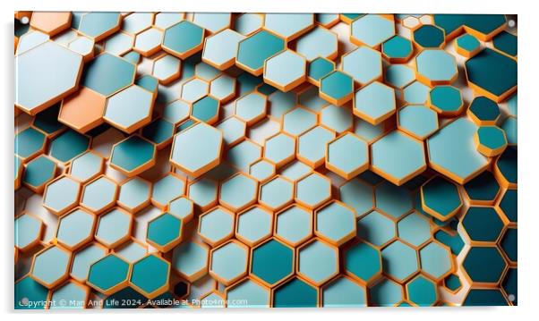 Abstract background of hexagonal shapes in shades of blue and orange, with a shallow depth of field. Acrylic by Man And Life