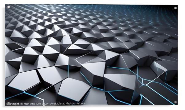 Abstract geometric background with a pattern of 3D hexagons in shades of black and gray with subtle blue highlights. Acrylic by Man And Life