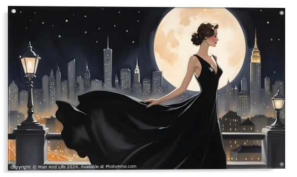Elegant woman in vintage dress against city skyline and full moon, evoking romantic, retro atmosphere. Acrylic by Man And Life