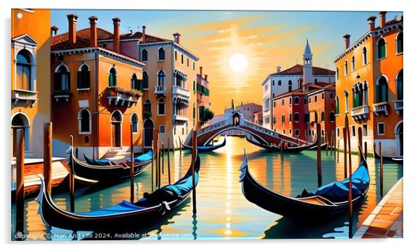 Colorful digital artwork of a serene Venetian canal with gondolas and a picturesque bridge, set against a warm sunset backdrop, evoking a romantic Italian ambiance. Acrylic by Man And Life