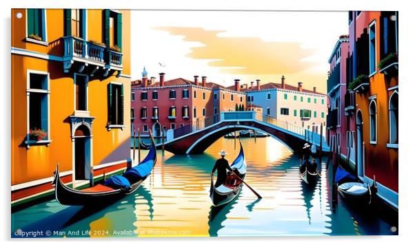Colorful illustration of Venice canals with gondolas and historic buildings under a sunset sky, reflecting vibrant hues in the water. Ideal for travel and tourism themes. Acrylic by Man And Life