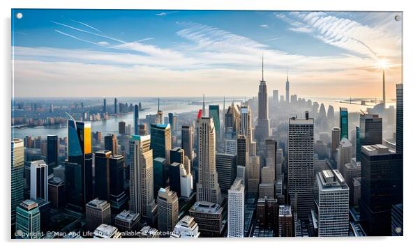 Breathtaking aerial view of a modern city skyline bathed in morning light with skyscrapers and blue sky. Acrylic by Man And Life