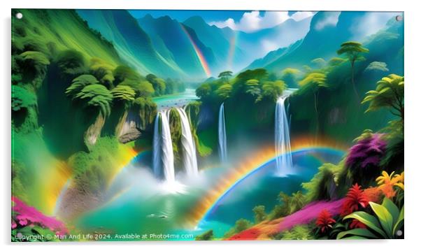 Vibrant tropical landscape with waterfalls and a rainbow, lush greenery, and colorful flowers. Acrylic by Man And Life