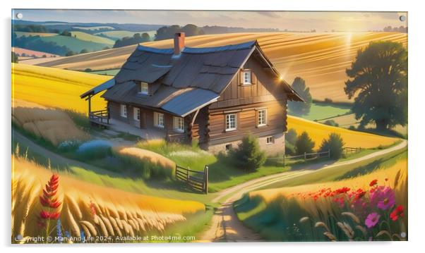Idyllic countryside house with golden wheat fields, vibrant flowers, and a sunset backdrop. Acrylic by Man And Life