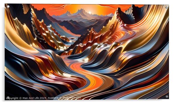Abstract wavy landscape with vibrant colors, resembling mountains and valleys in a surreal, artistic depiction. Acrylic by Man And Life