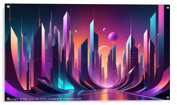 Futuristic cityscape with neon lights and abstract skyscrapers under a twilight sky. Acrylic by Man And Life