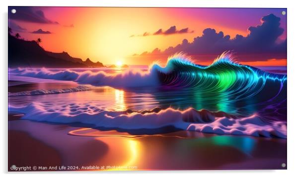 Vibrant digital wave with neon colors on a serene beach at sunset. Acrylic by Man And Life