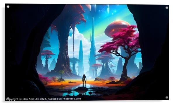 Surreal fantasy landscape with a lone figure standing before a vibrant alien world, featuring colorful skies, exotic trees, and mysterious rock formations. Acrylic by Man And Life