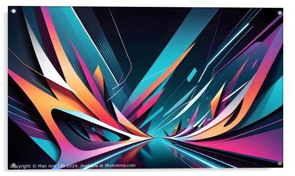 Abstract digital art with dynamic lines and geometric shapes in vibrant colors on a dark background, conveying a sense of futuristic speed and technology. Acrylic by Man And Life